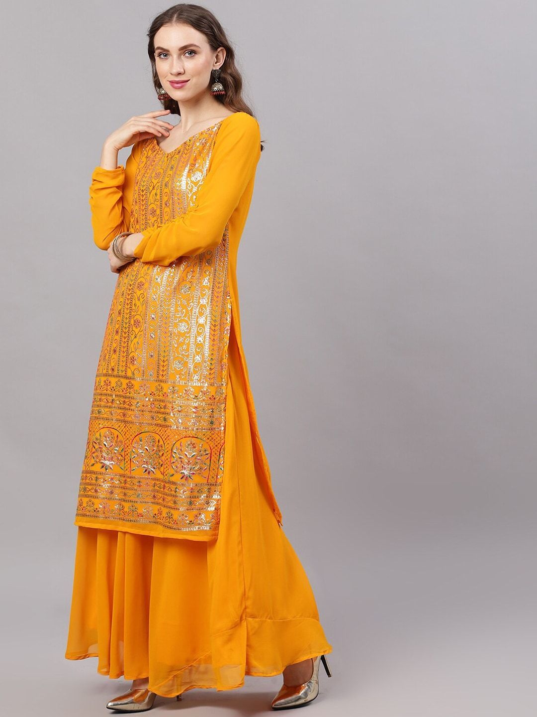 Women's  Yellow & Gold-Toned Embroidered Made To Measure Kurta with Palazzos