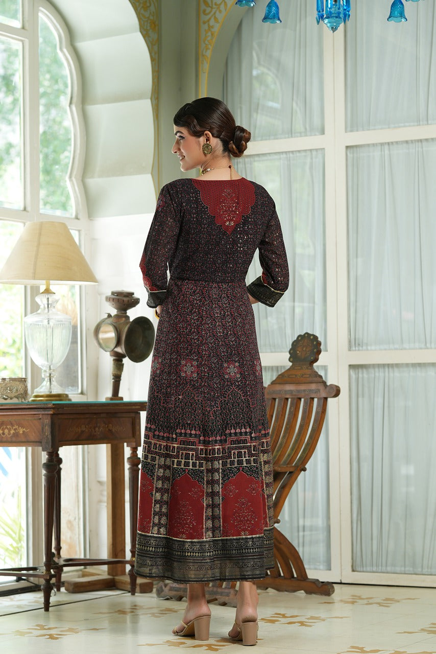 Women's  Black Georgette Festive Printed Anarkali Flared Anarkali Kurta For Women
