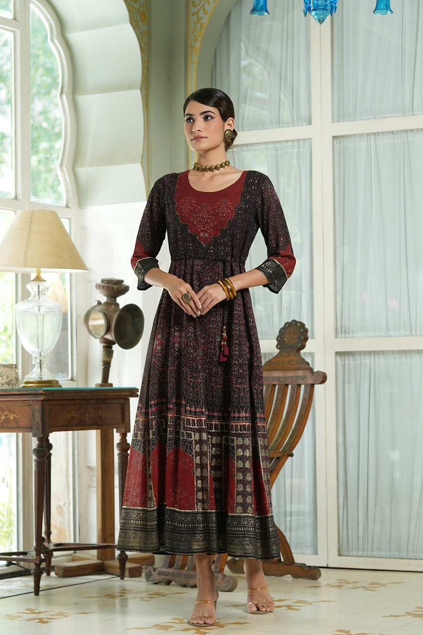 Women's  Black Georgette Festive Printed Anarkali Flared Anarkali Kurta For Women