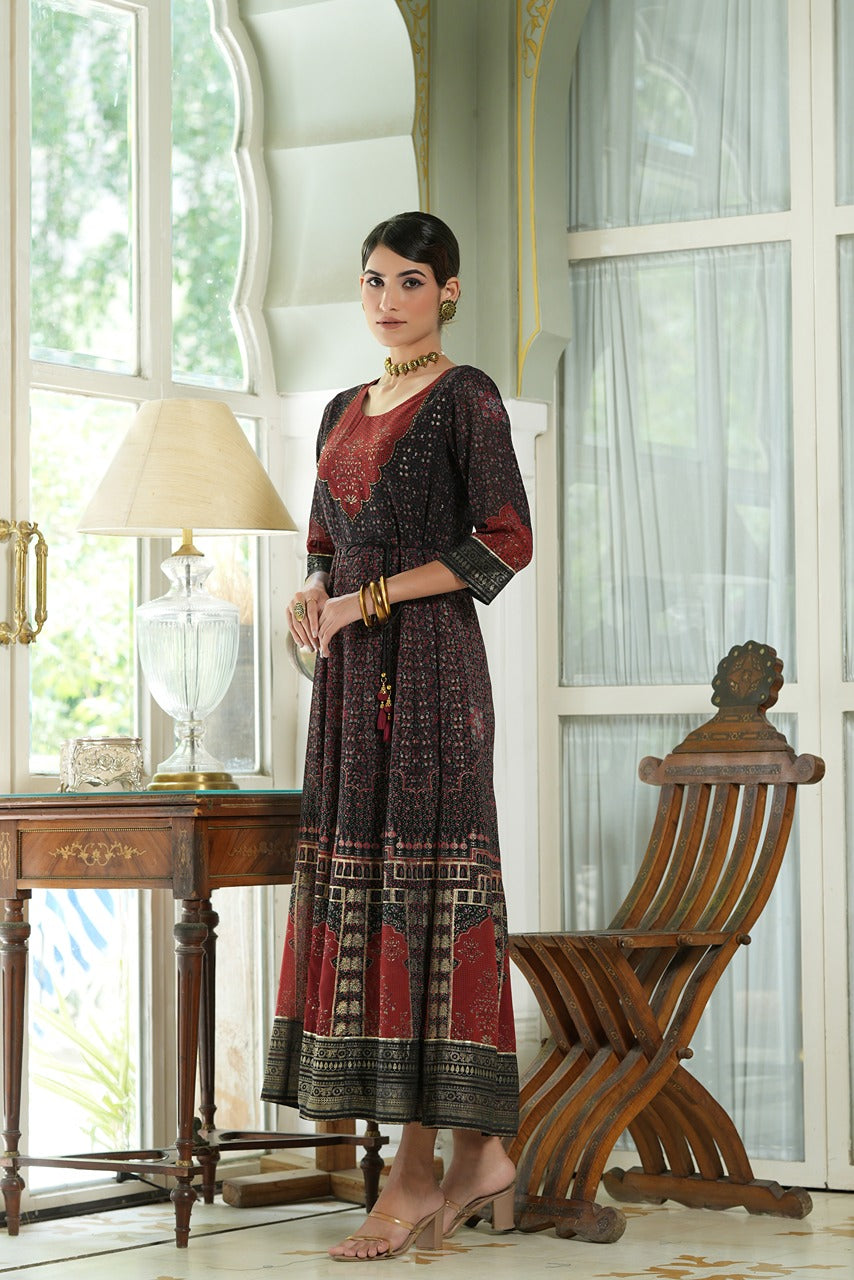 Women's  Black Georgette Festive Printed Anarkali Flared Anarkali Kurta For Women