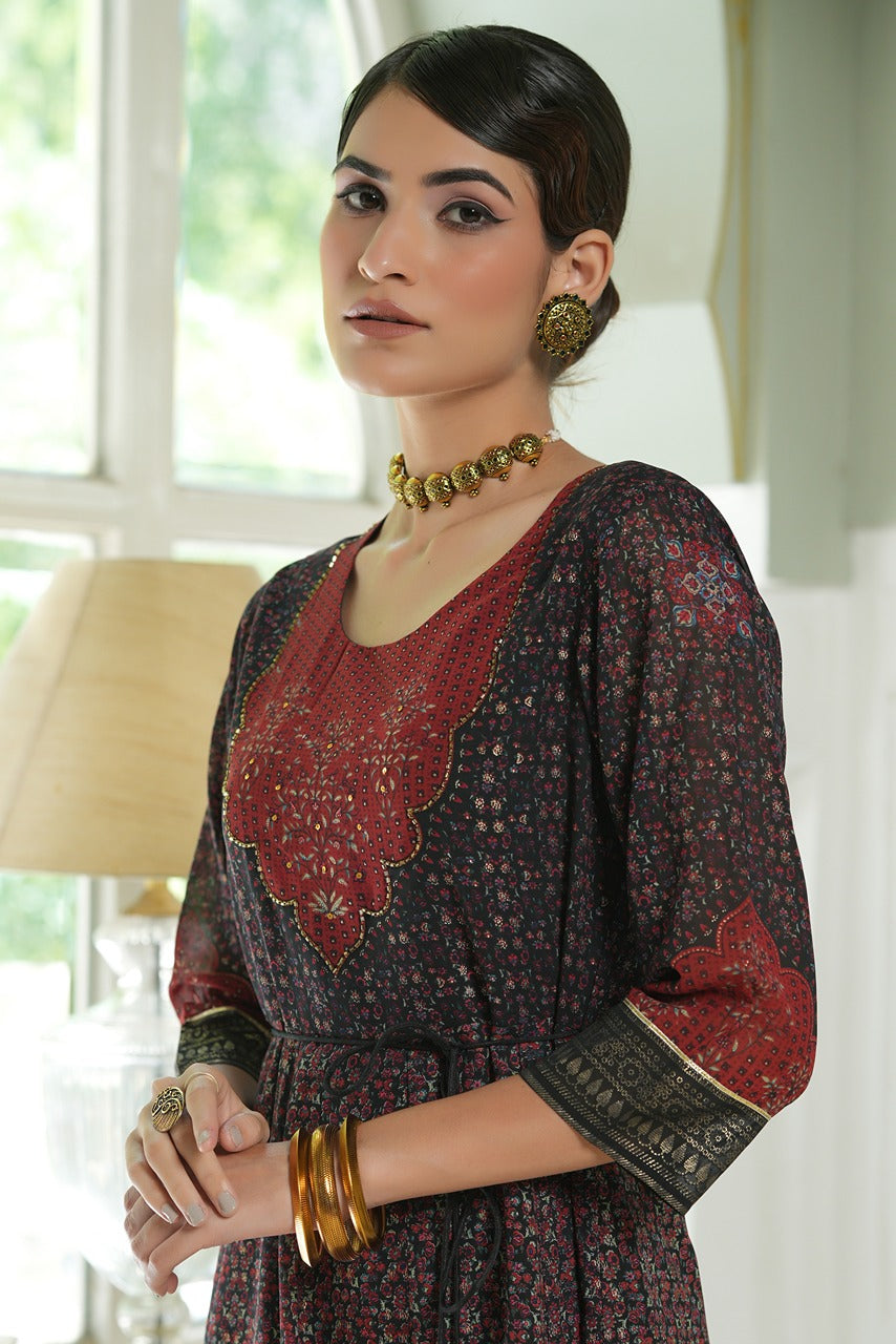 Women's  Black Georgette Festive Printed Anarkali Flared Anarkali Kurta For Women