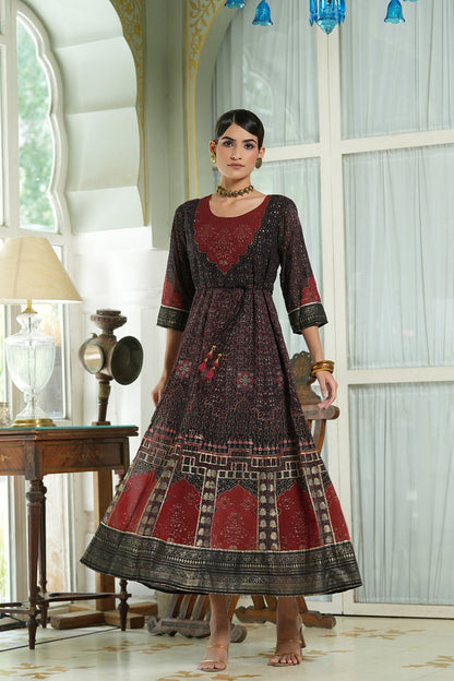 Women's  Black Georgette Festive Printed Anarkali Flared Anarkali Kurta For Women