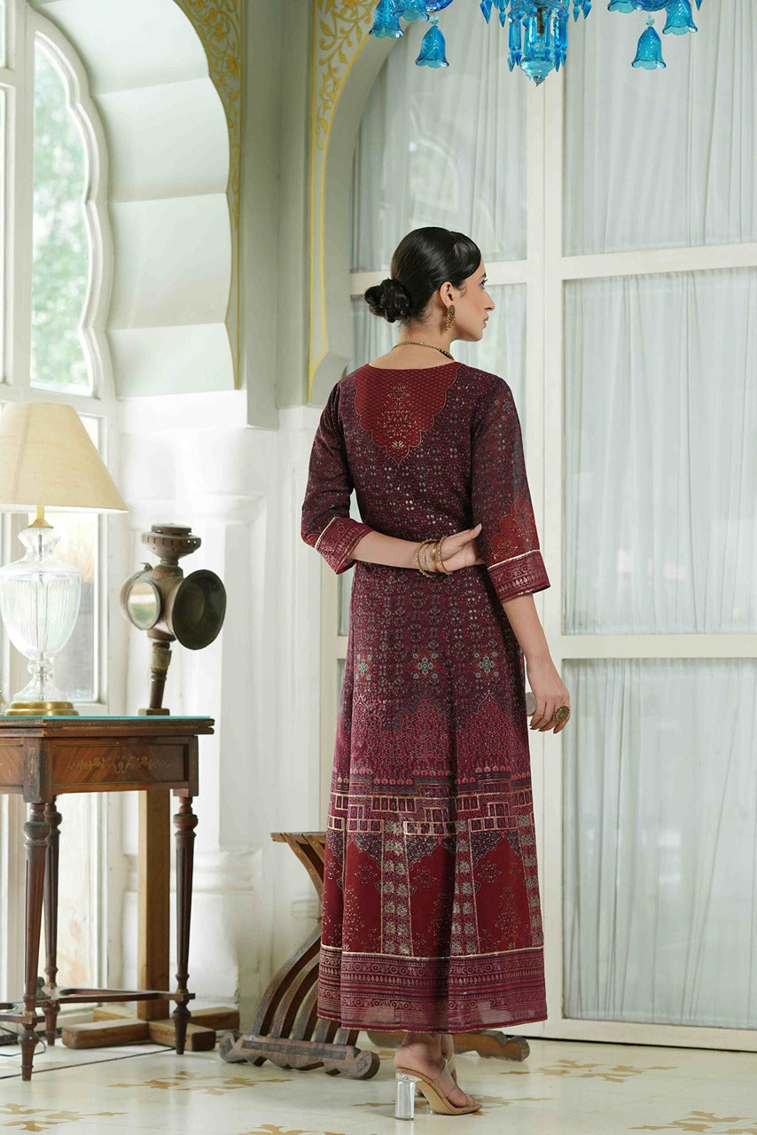 Women's  Maroon Multi Color Printed Anarkali Kurta