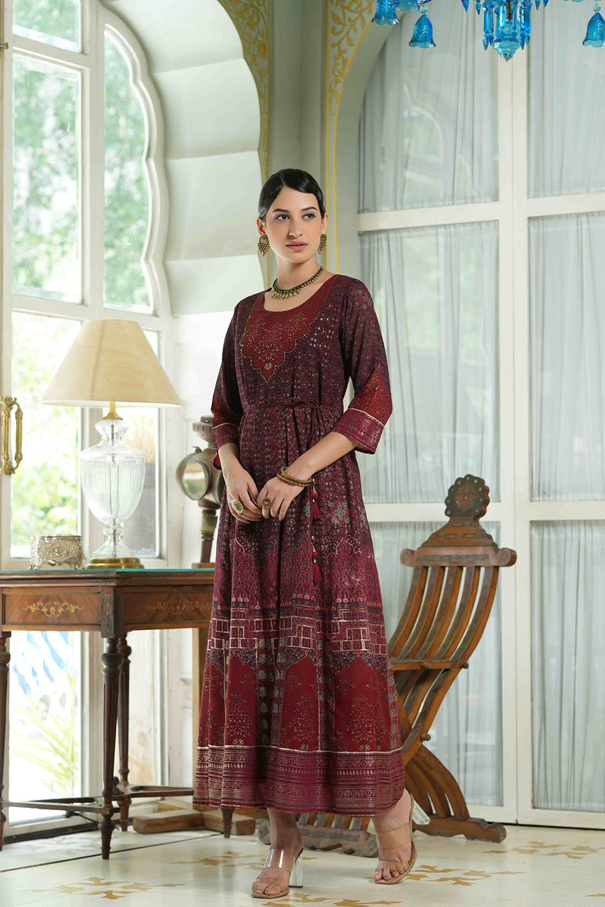 Women's  Maroon Multi Color Printed Anarkali Kurta