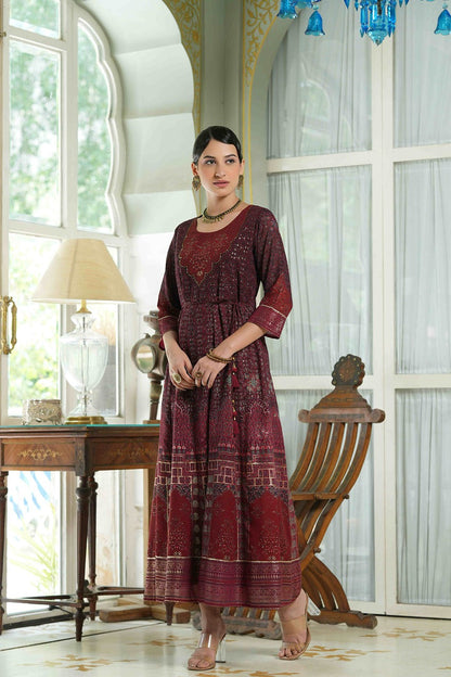 Women's  Maroon Multi Color Printed Anarkali Kurta