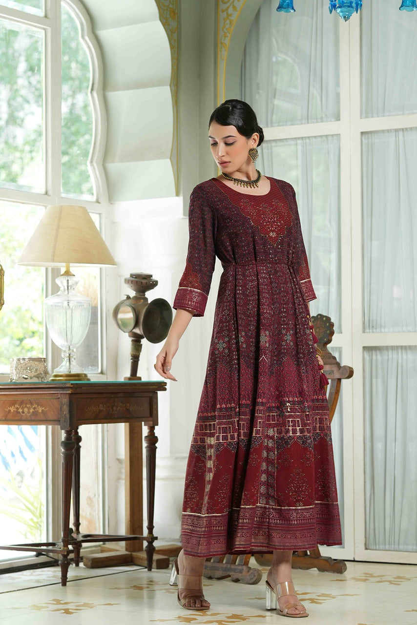Women's  Maroon Multi Color Printed Anarkali Kurta