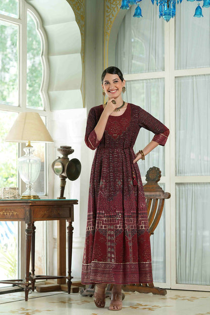 Women's  Maroon Multi Color Printed Anarkali Kurta