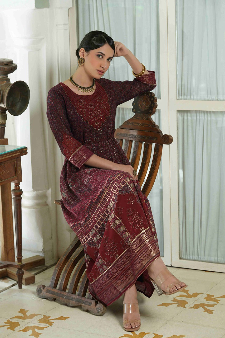 Women's  Maroon Multi Color Printed Anarkali Kurta