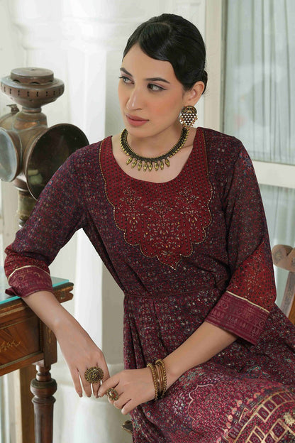 Women's  Maroon Multi Color Printed Anarkali Kurta