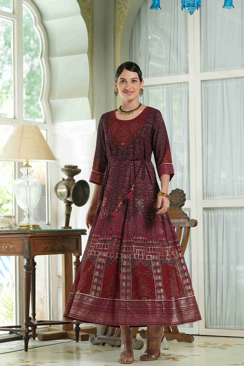Women's  Maroon Multi Color Printed Anarkali Kurta