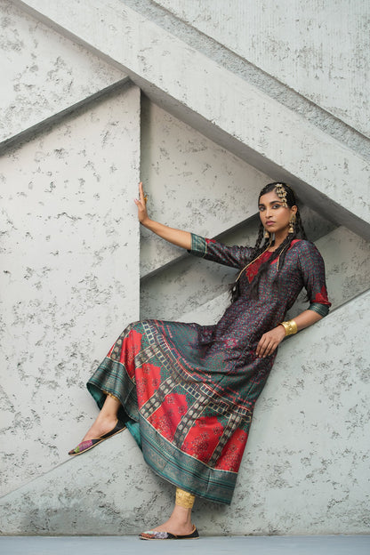 Women's  Green Multi Color Printed Anarkali Kurta
