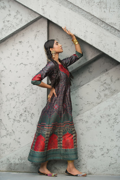 Women's  Green Multi Color Printed Anarkali Kurta