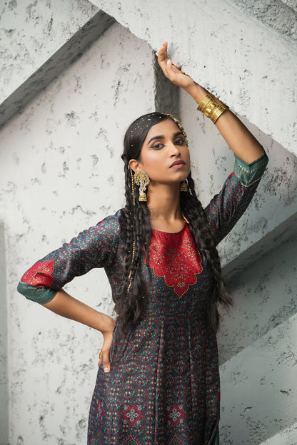 Women's  Green Multi Color Printed Anarkali Kurta