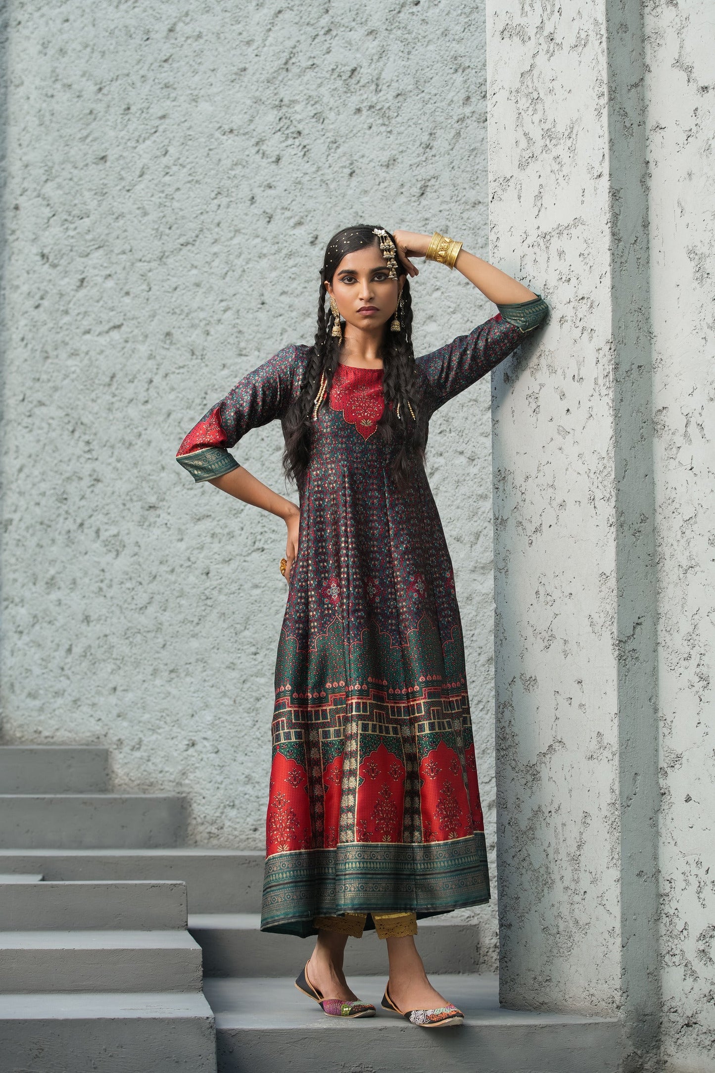 Women's  Green Multi Color Printed Anarkali Kurta