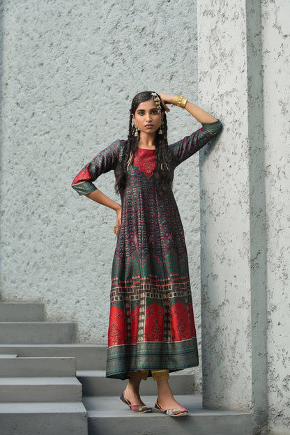Women's  Green Multi Color Printed Anarkali Kurta