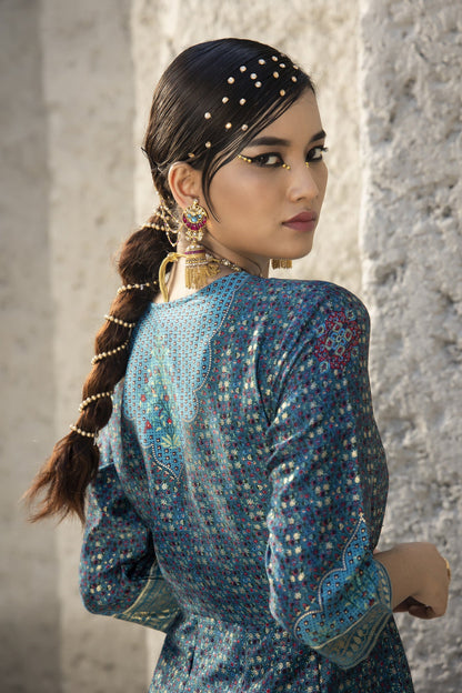 Women's  Teal Satin Festive Printed Anarkali Flared Anarkali Kurta For Women