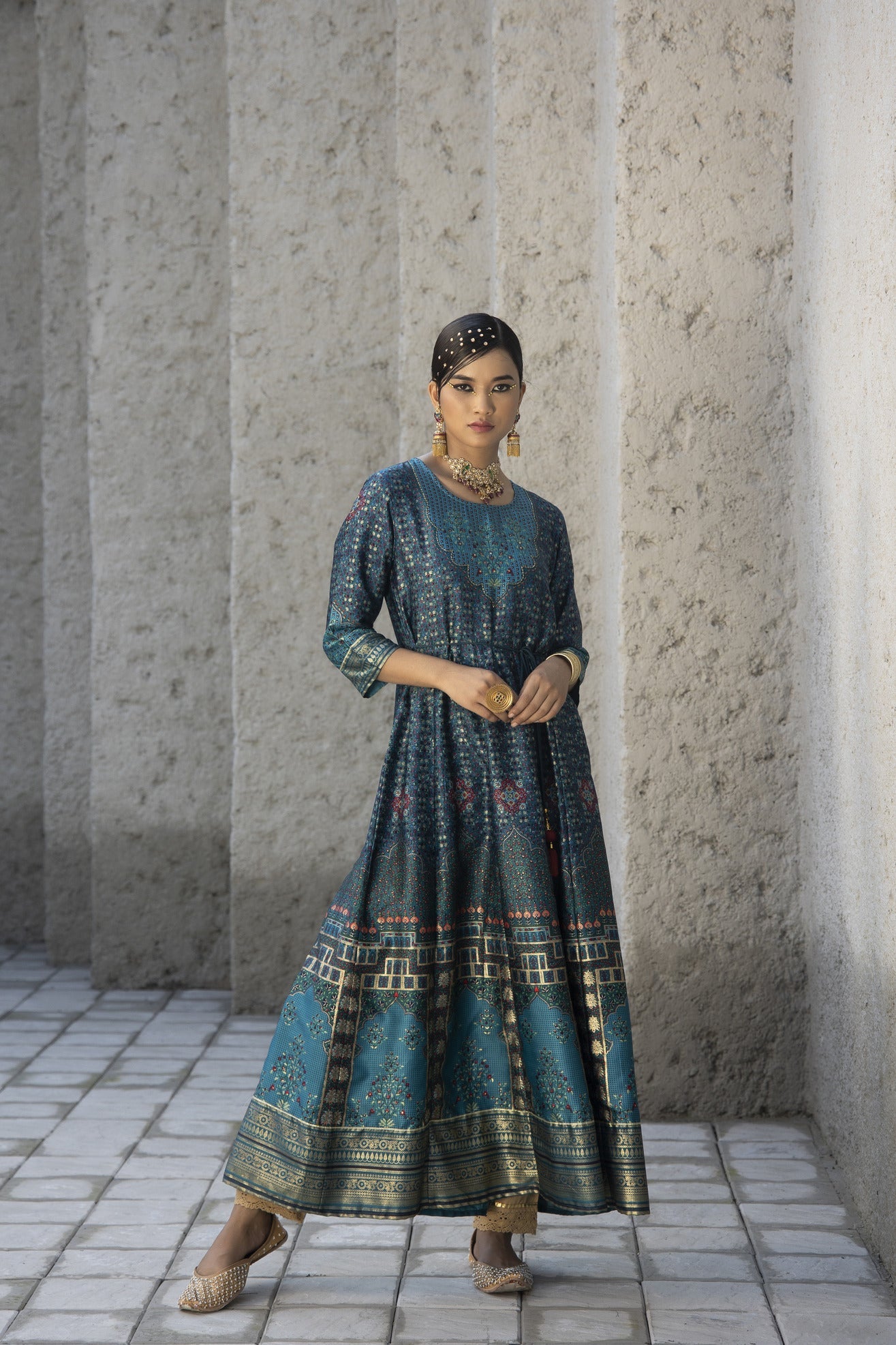 Women's  Teal Satin Festive Printed Anarkali Flared Anarkali Kurta For Women
