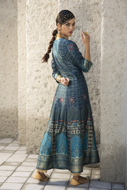 Women's  Teal Satin Festive Printed Anarkali Flared Anarkali Kurta For Women