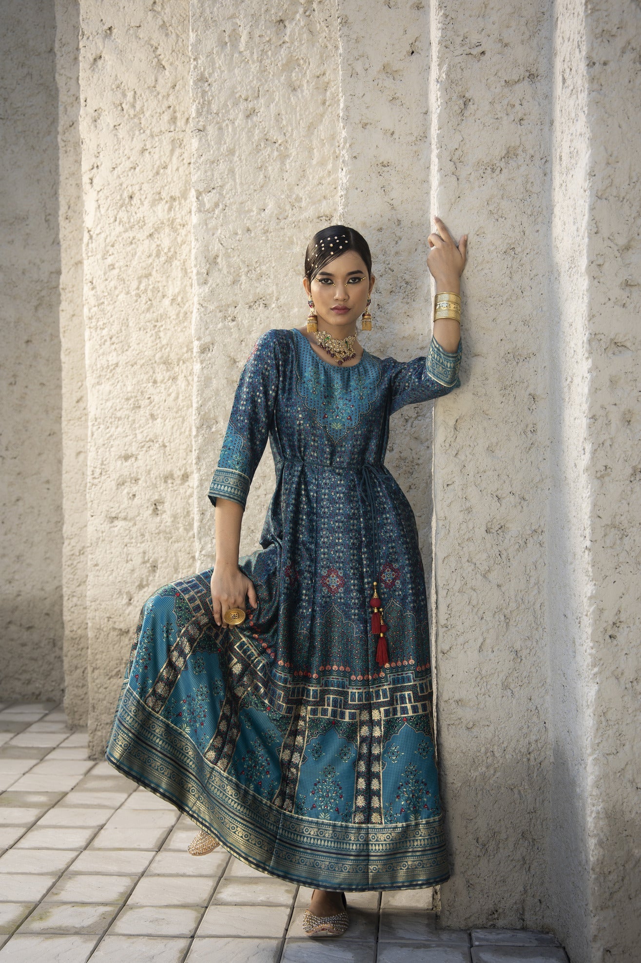 Women's  Teal Satin Festive Printed Anarkali Flared Anarkali Kurta For Women