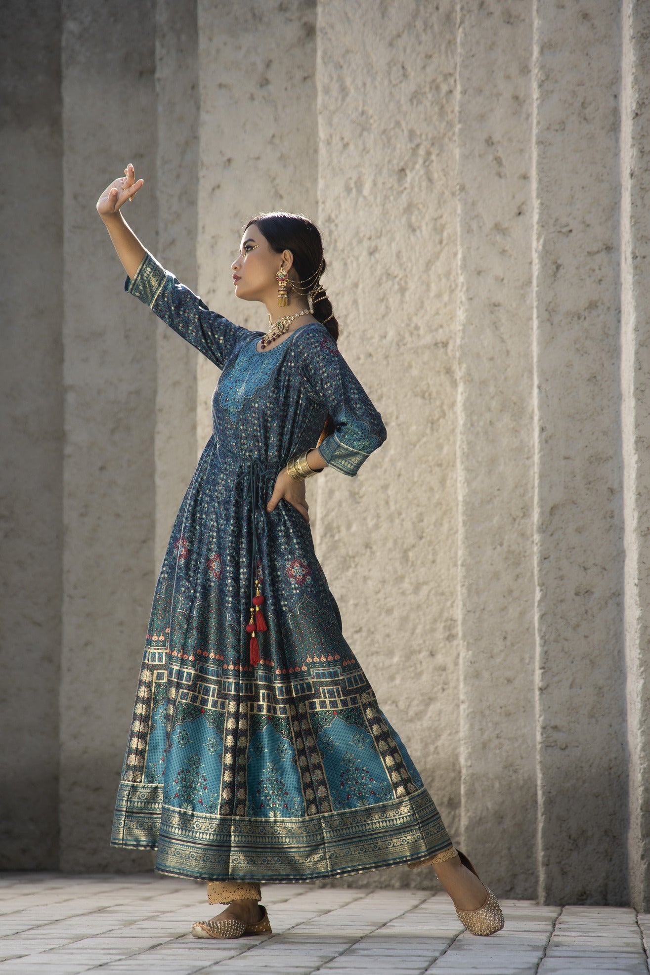 Women's  Teal Satin Festive Printed Anarkali Flared Anarkali Kurta For Women