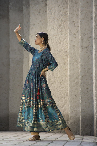 Women's  Teal Satin Festive Printed Anarkali Flared Anarkali Kurta For Women