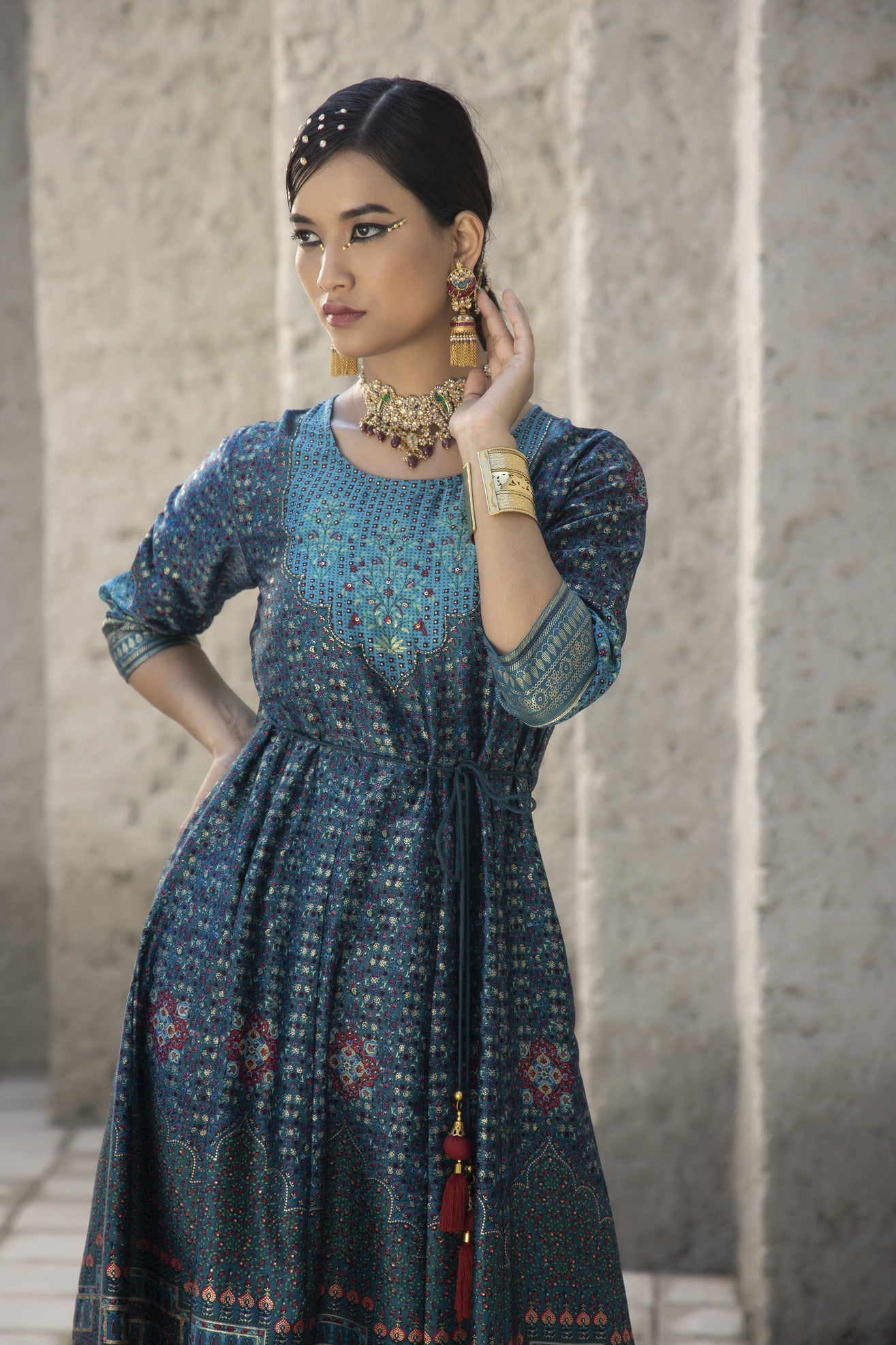 Women's  Teal Satin Festive Printed Anarkali Flared Anarkali Kurta For Women