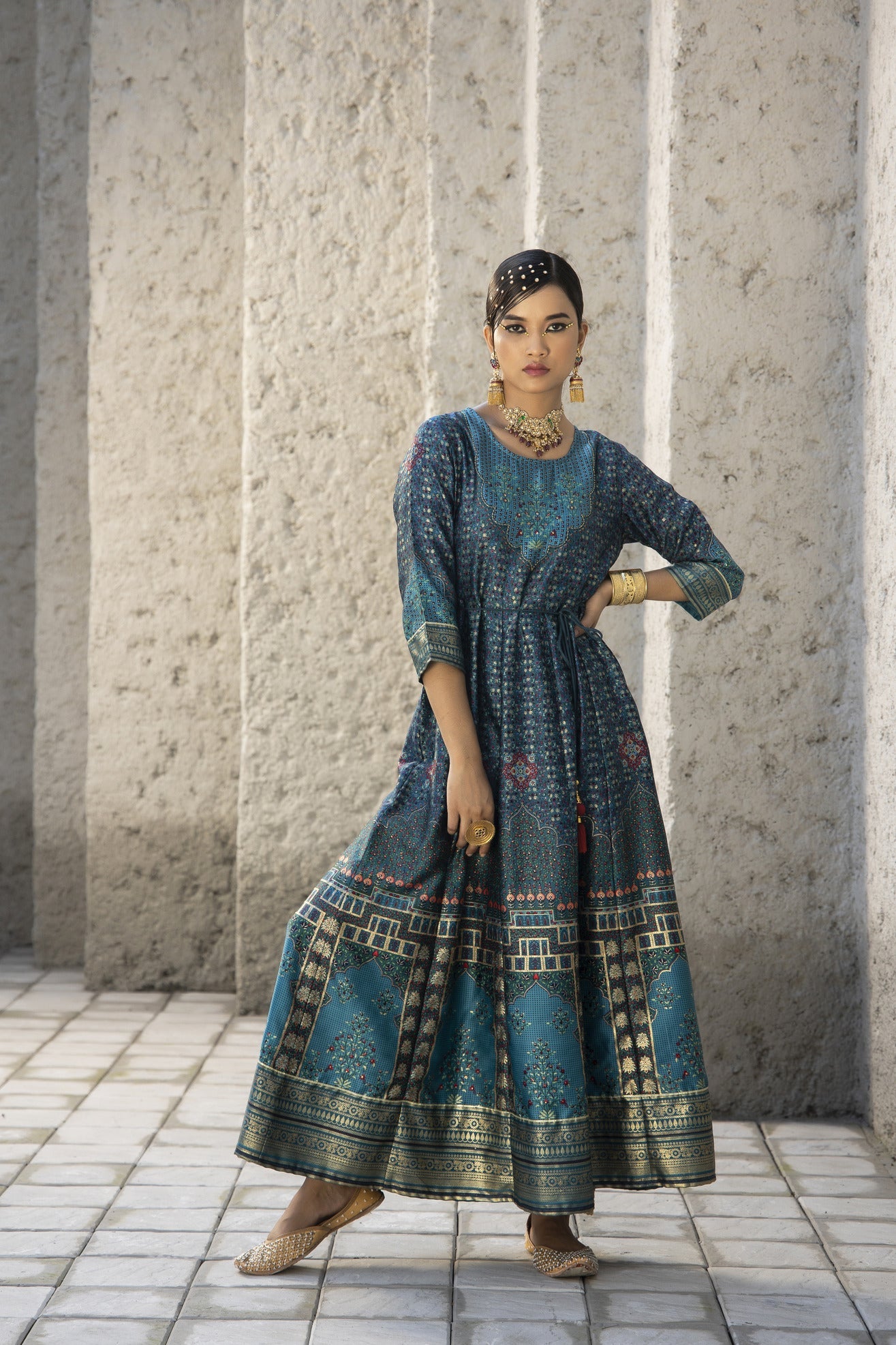 Women's  Teal Satin Festive Printed Anarkali Flared Anarkali Kurta For Women