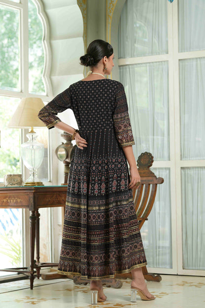 Women's  Black Floral Foil Printed Maxi Dress