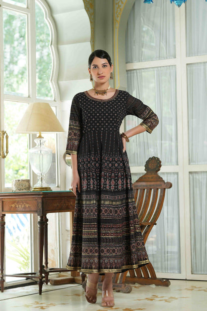 Women's  Black Floral Foil Printed Maxi Dress