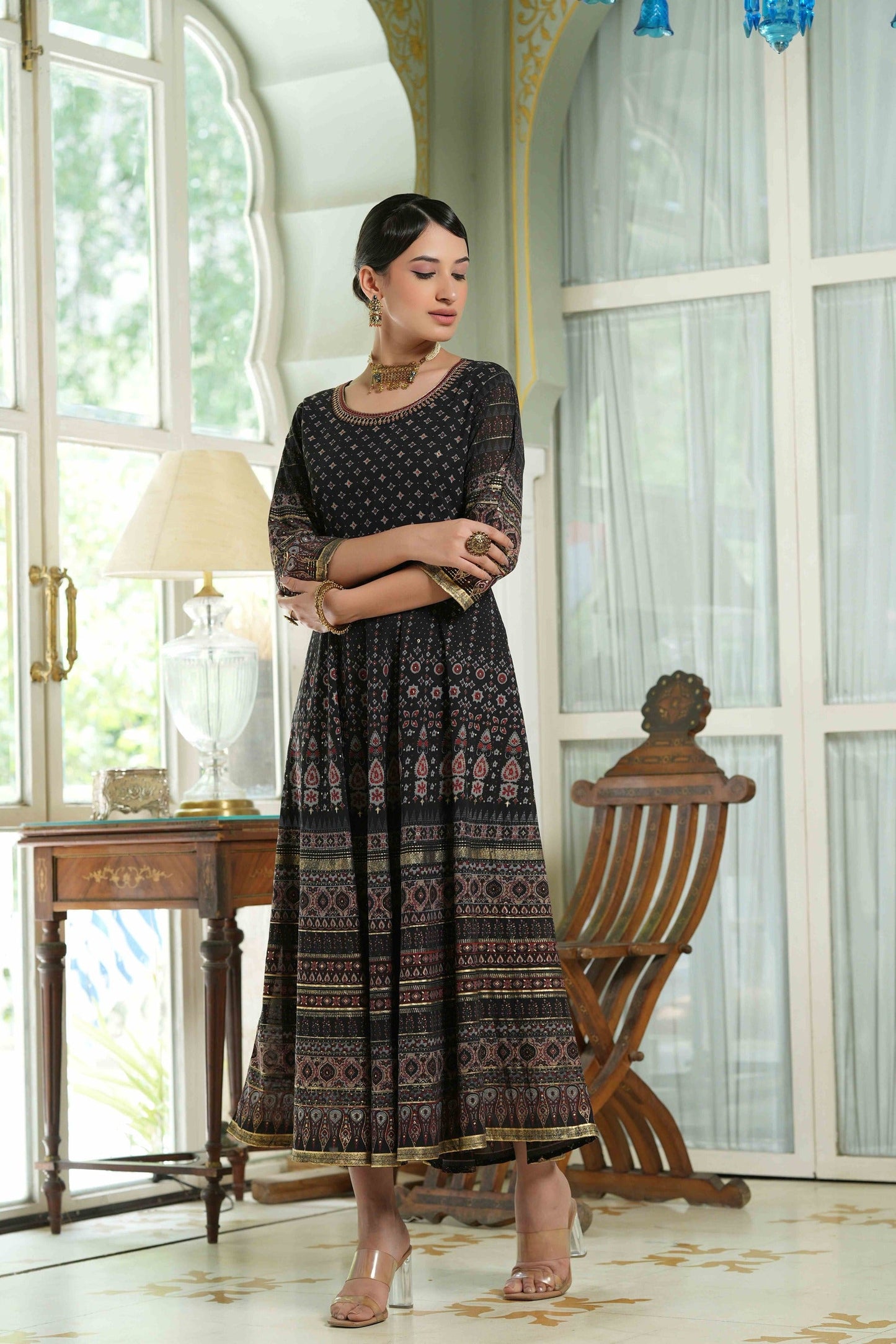 Women's  Black Floral Foil Printed Maxi Dress