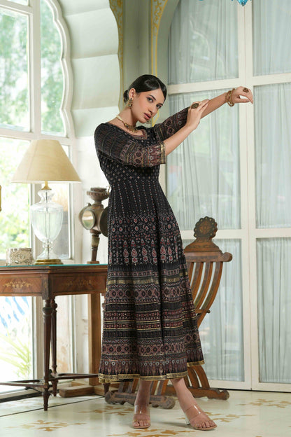 Women's  Black Floral Foil Printed Maxi Dress