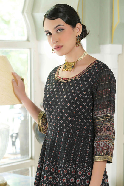 Women's  Black Floral Foil Printed Maxi Dress