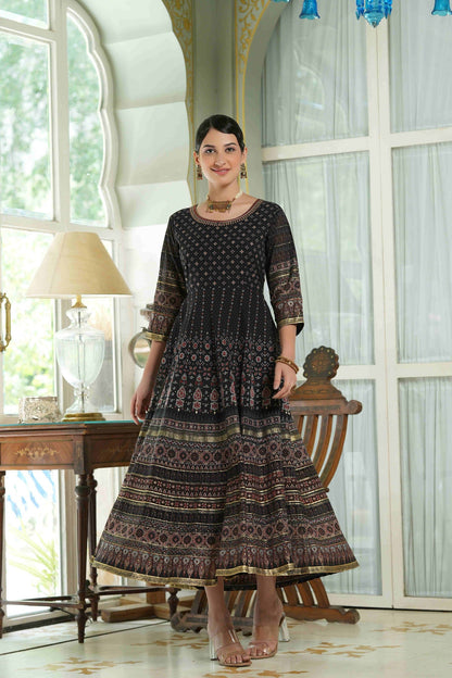 Women's  Black Floral Foil Printed Maxi Dress