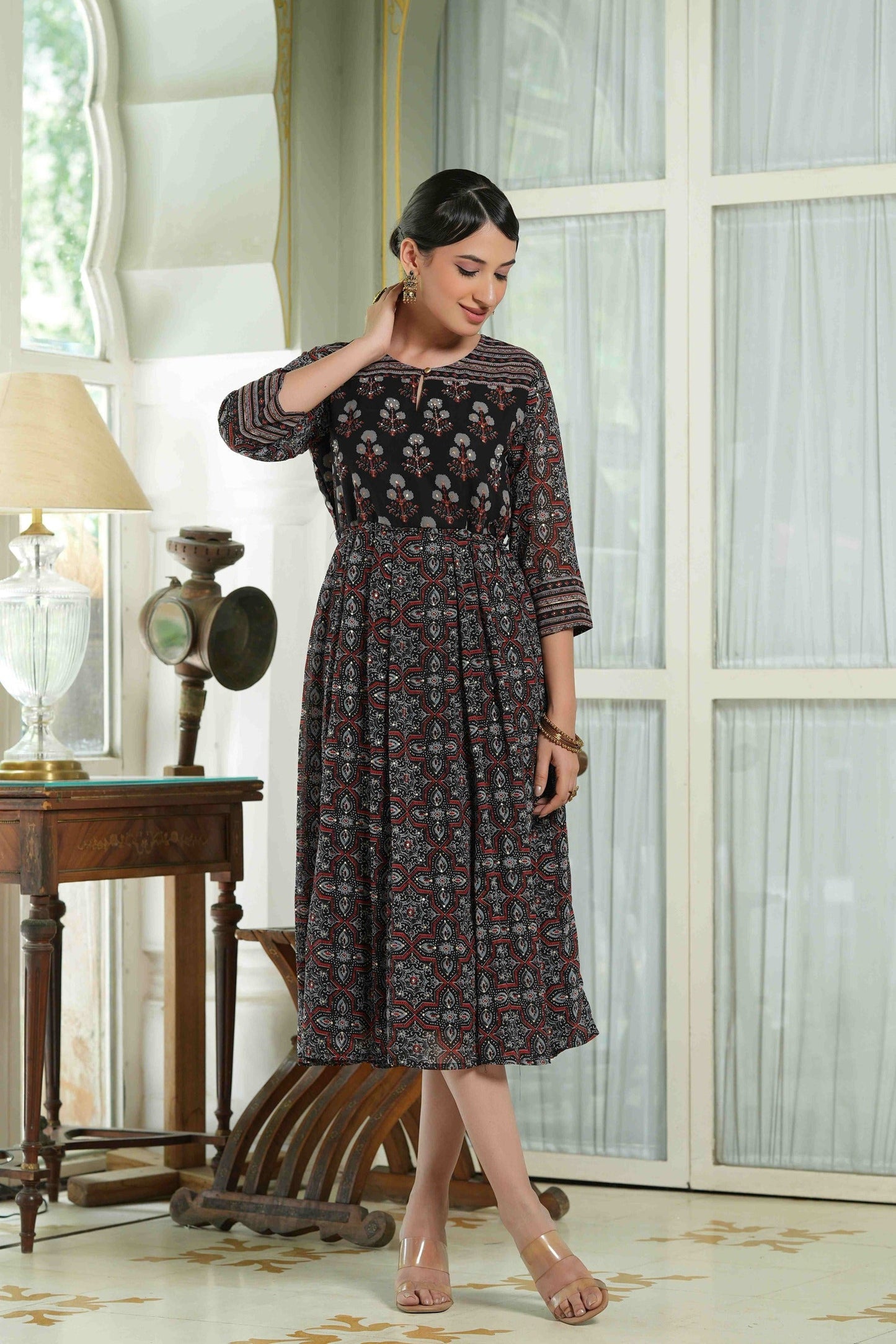 Women's  Black Georgette Festive Printed Anarkali Flared Anarkali Kurta For Women
