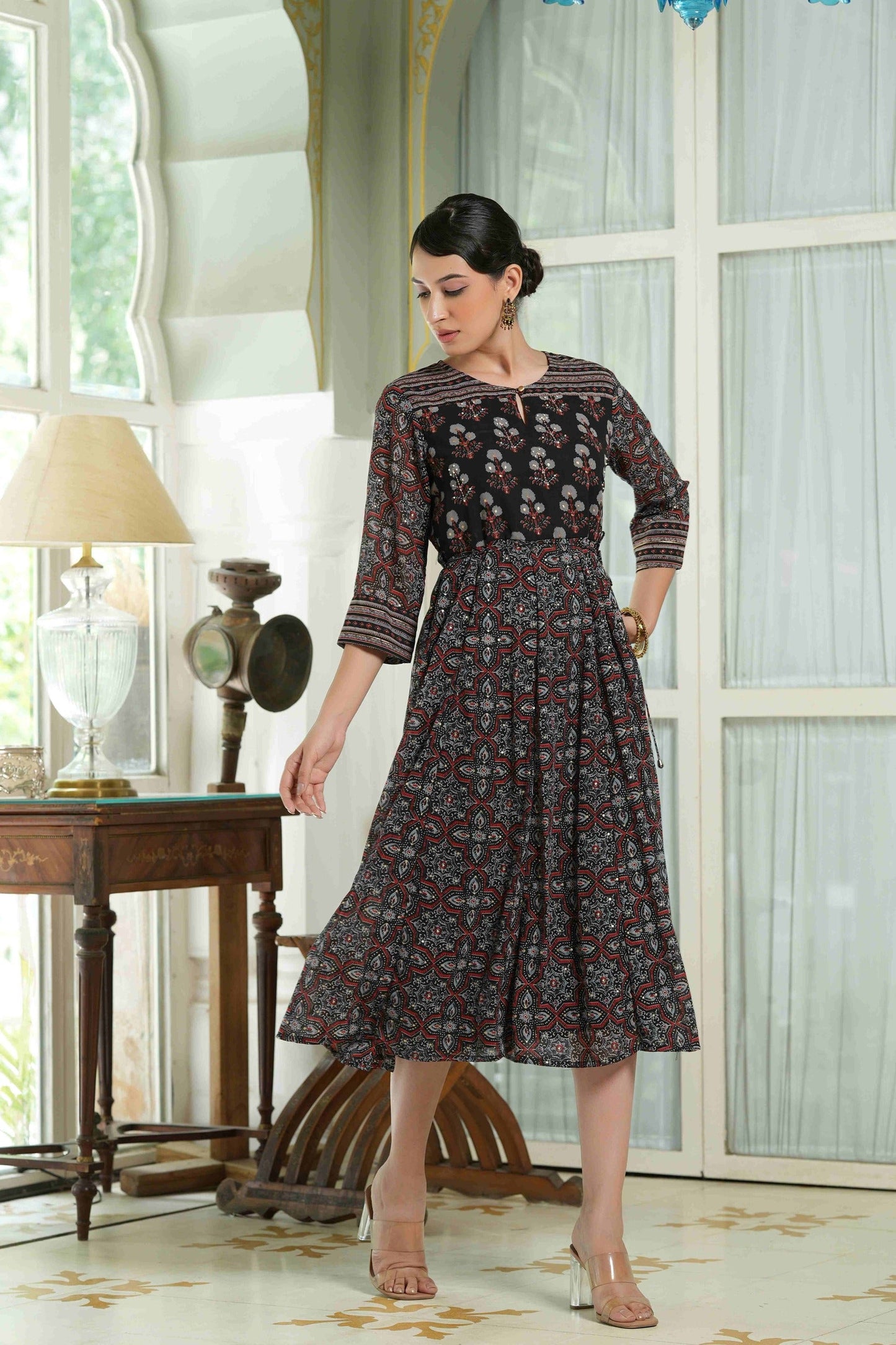 Women's  Black Georgette Festive Printed Anarkali Flared Anarkali Kurta For Women