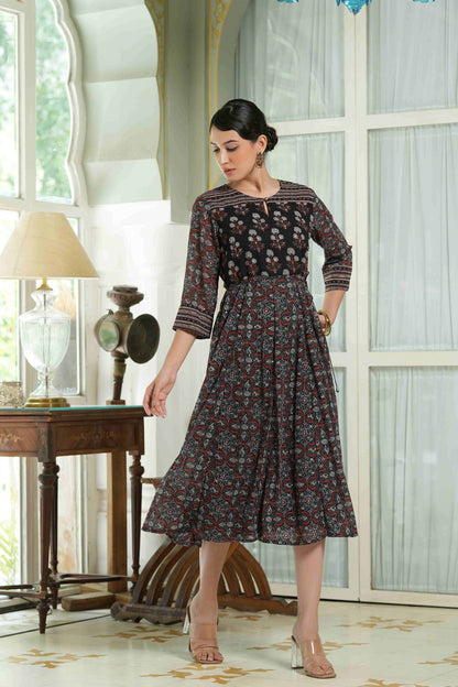 Women's  Black Georgette Festive Printed Anarkali Flared Anarkali Kurta For Women
