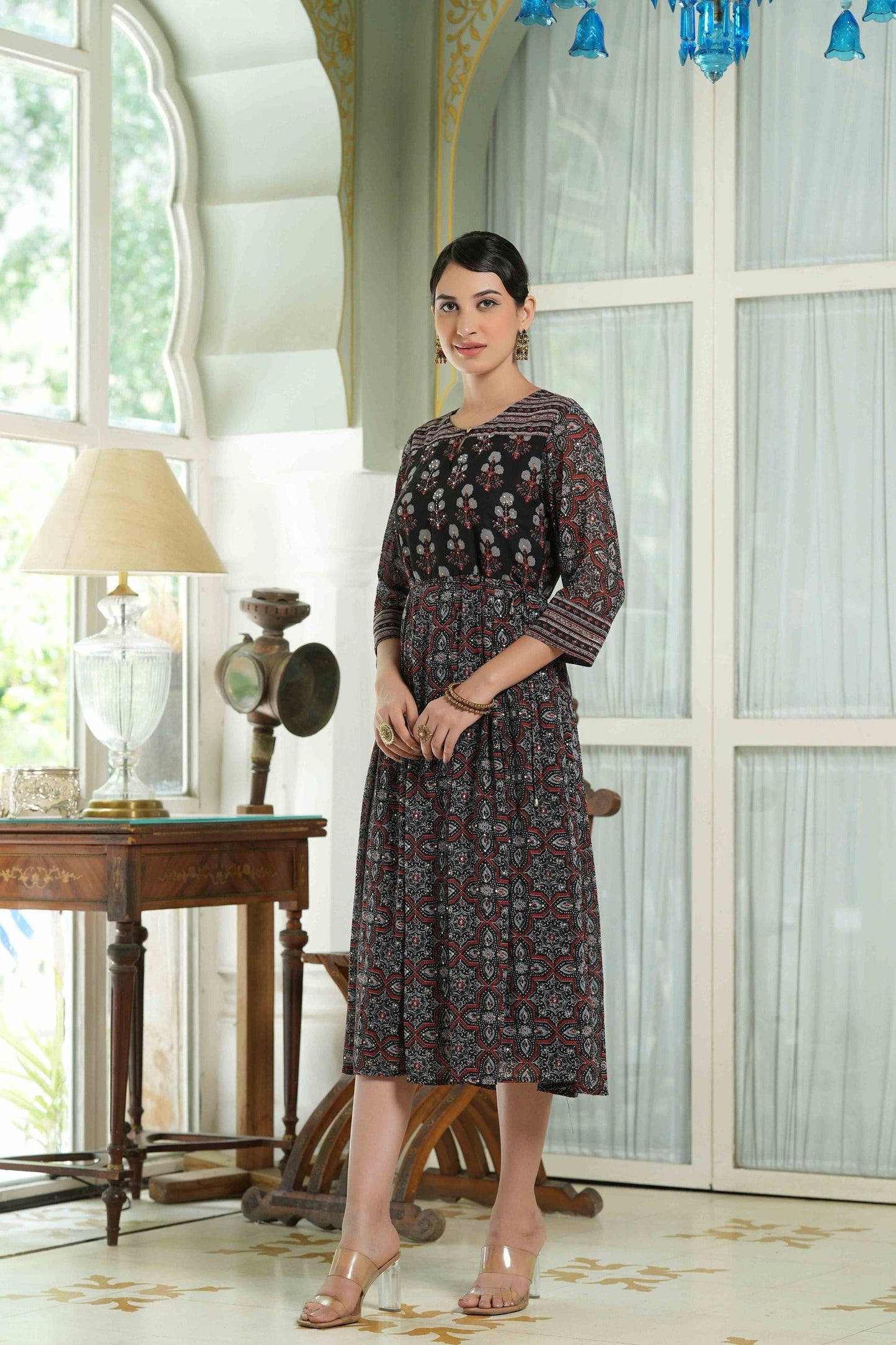 Women's  Black Georgette Festive Printed Anarkali Flared Anarkali Kurta For Women