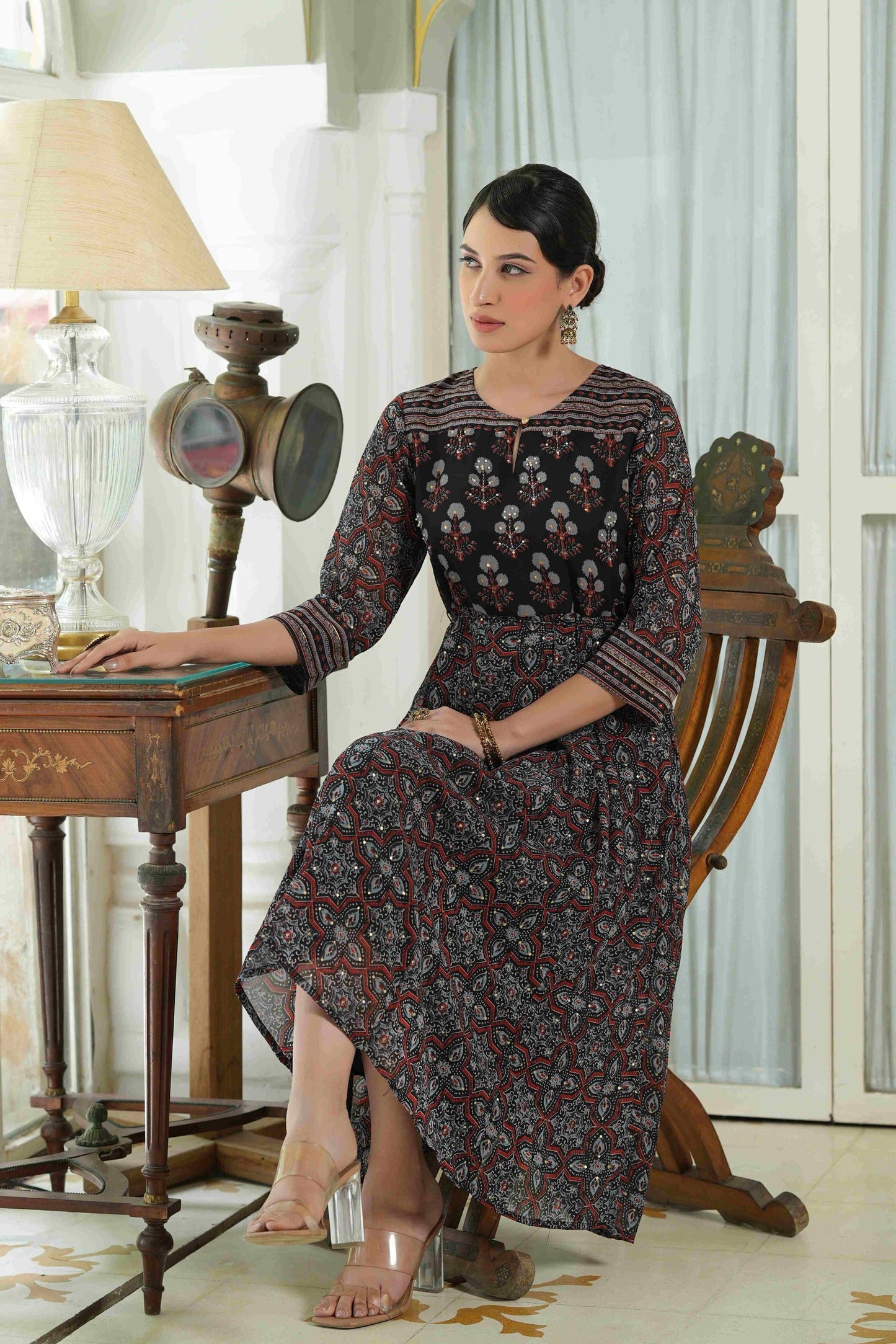 Women's  Black Georgette Festive Printed Anarkali Flared Anarkali Kurta For Women