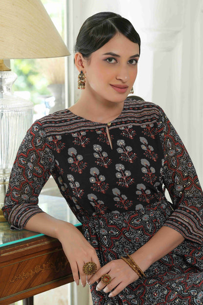 Women's  Black Georgette Festive Printed Anarkali Flared Anarkali Kurta For Women