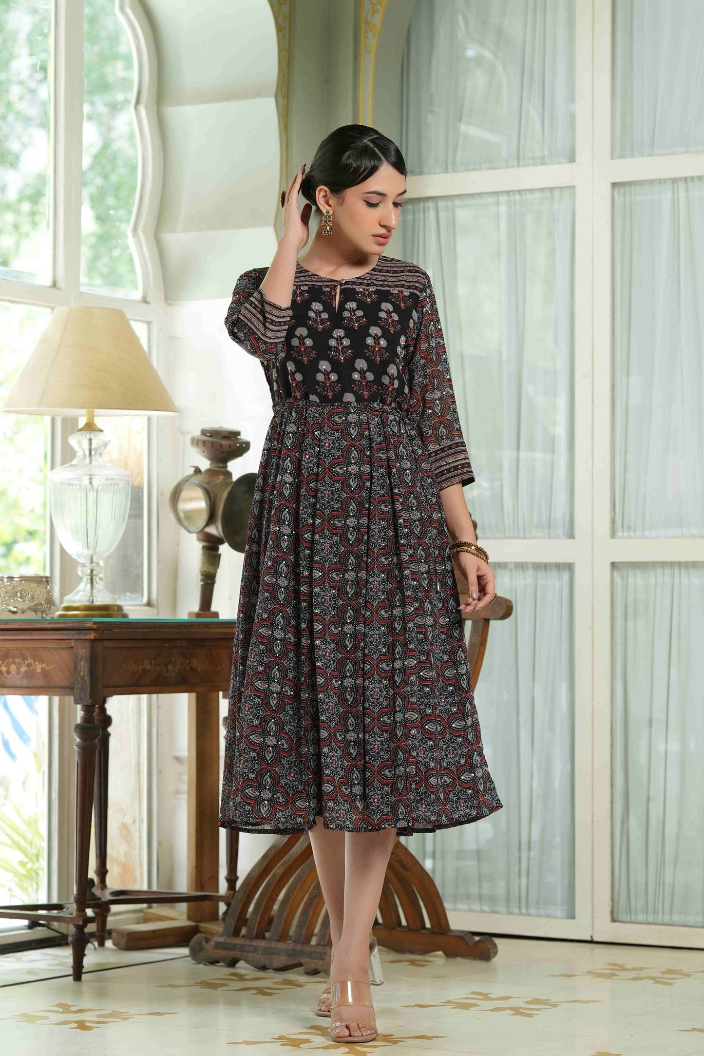 Women's  Black Georgette Festive Printed Anarkali Flared Anarkali Kurta For Women