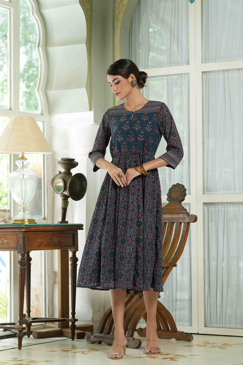 Women's  Indigo Floral Printed Maxi Dress
