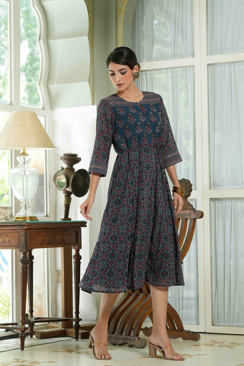 Women's  Indigo Floral Printed Maxi Dress