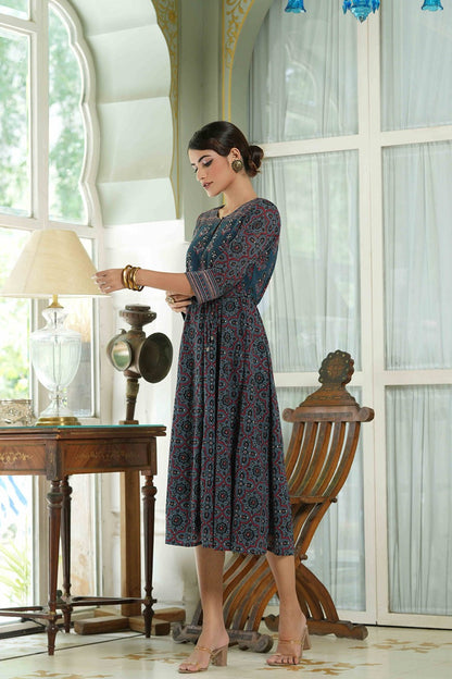 Women's  Indigo Floral Printed Maxi Dress