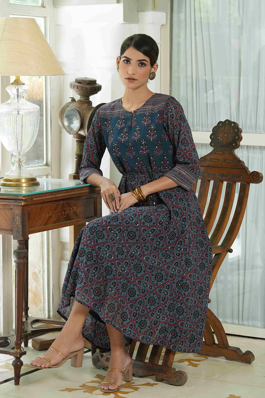 Women's  Indigo Floral Printed Maxi Dress