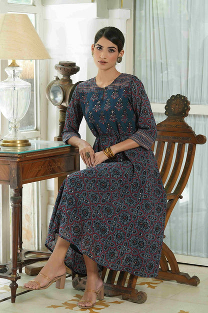 Women's  Indigo Floral Printed Maxi Dress