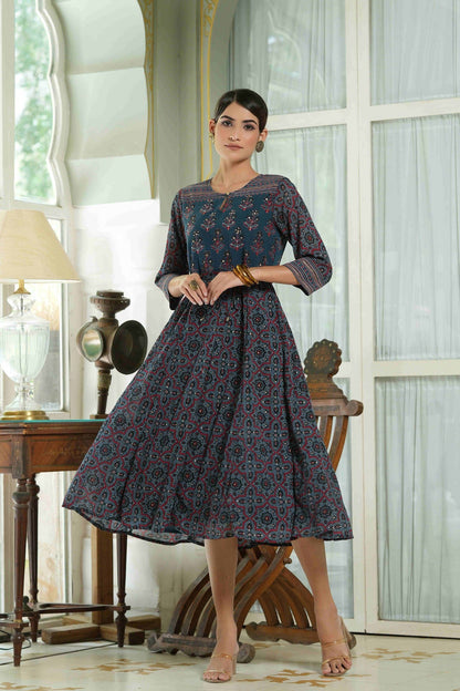 Women's  Indigo Floral Printed Maxi Dress