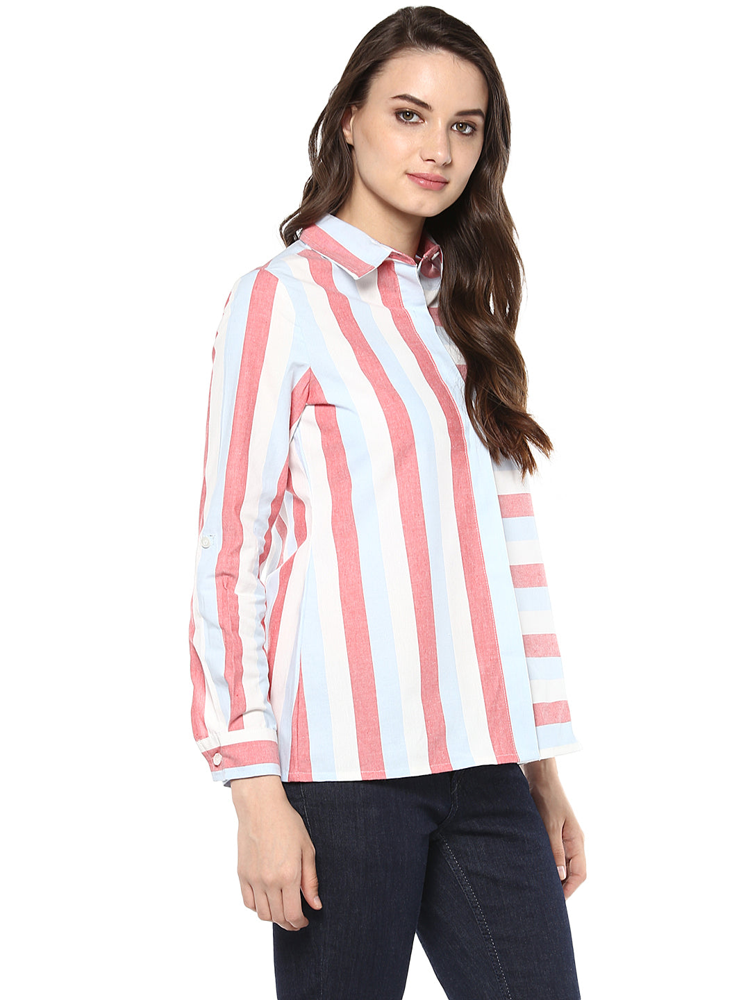Women's Cotton Horizontal and Vertical Striped Shirt