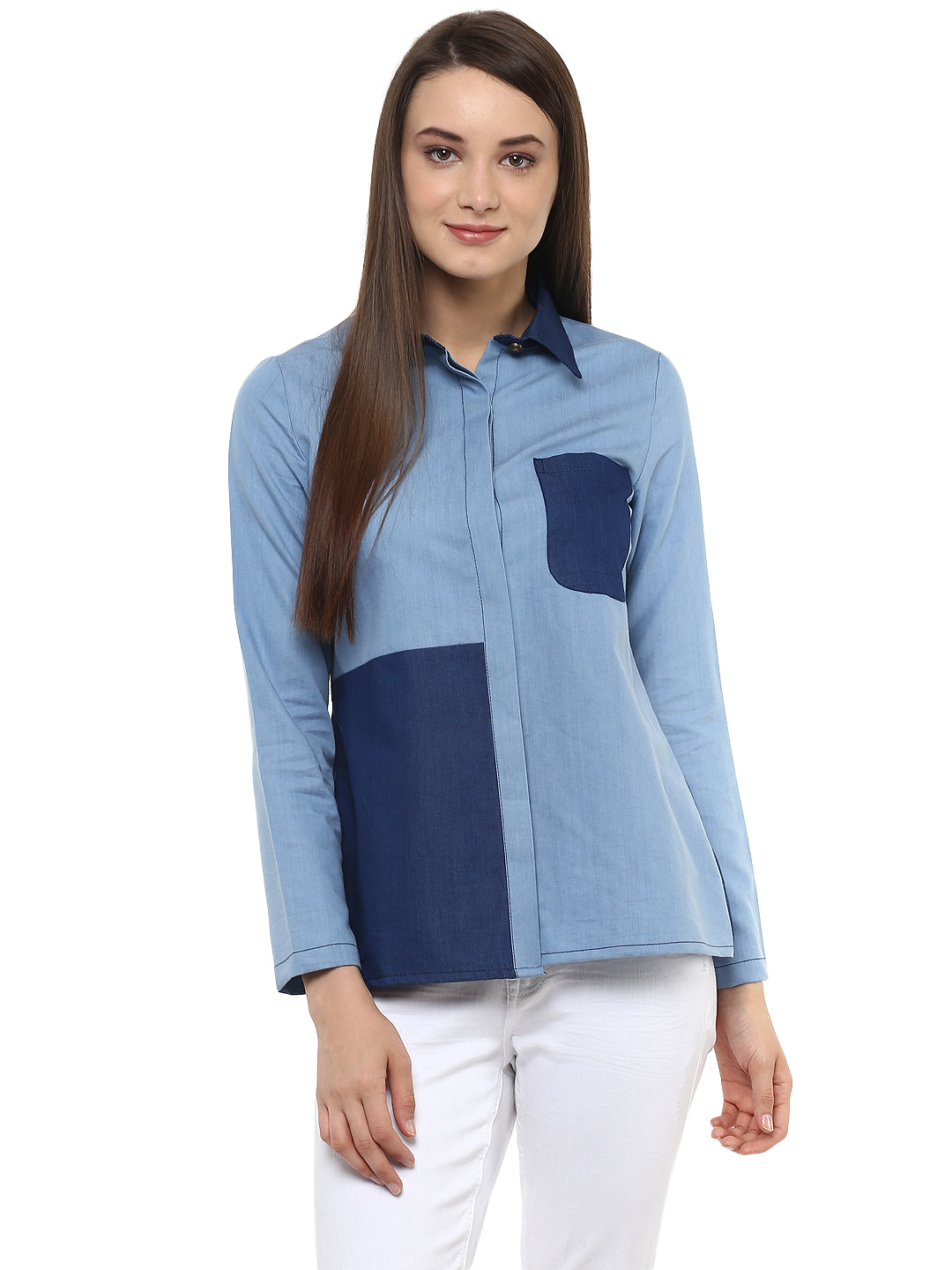 Women's Denim Light and Dark Blue Patch Shirt