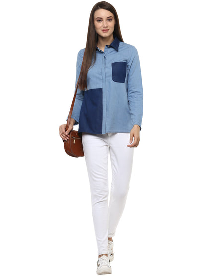 Women's Denim Light and Dark Blue Patch Shirt