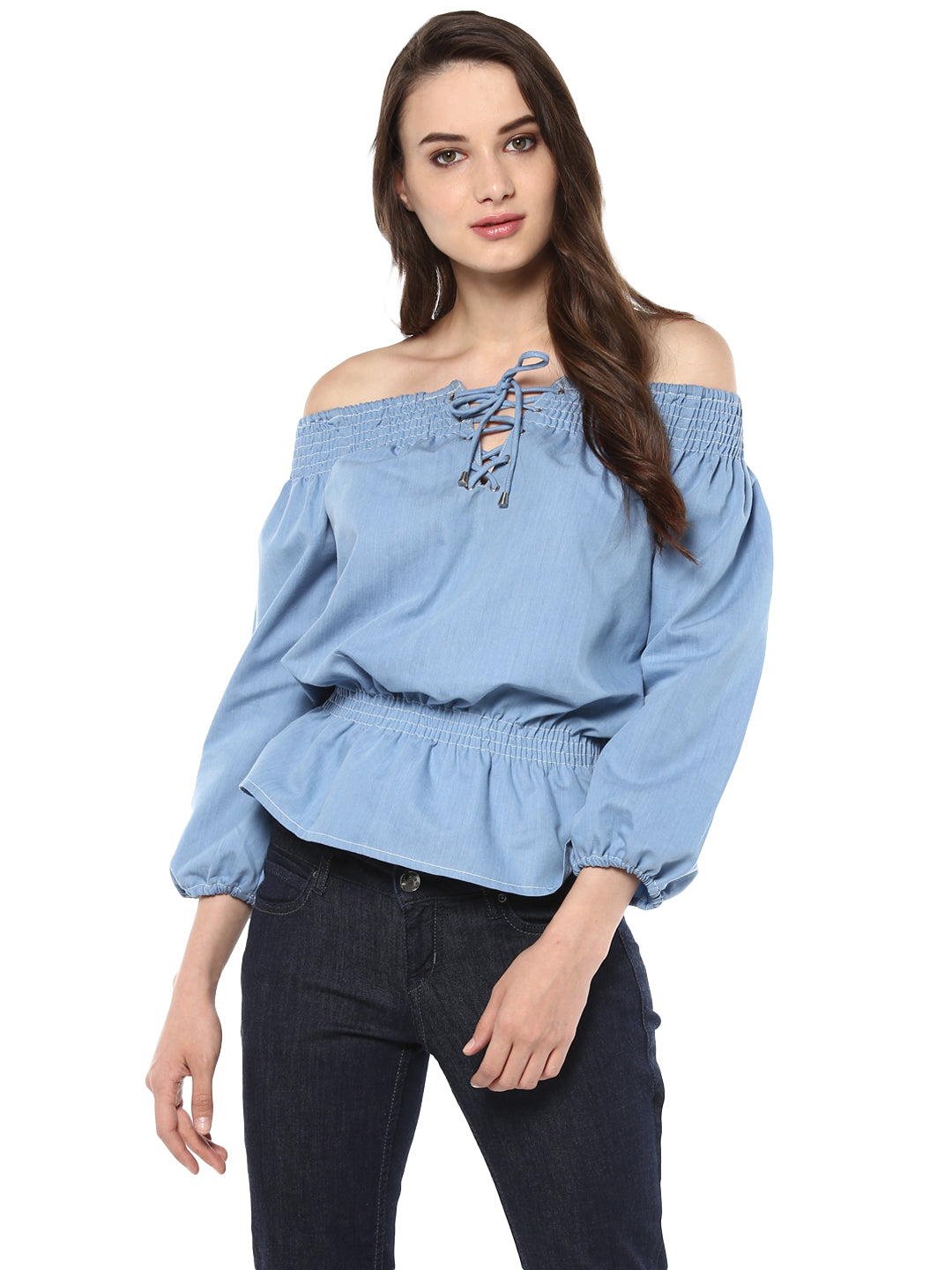 Women's  Denim Off Shoulder Lace Up Top